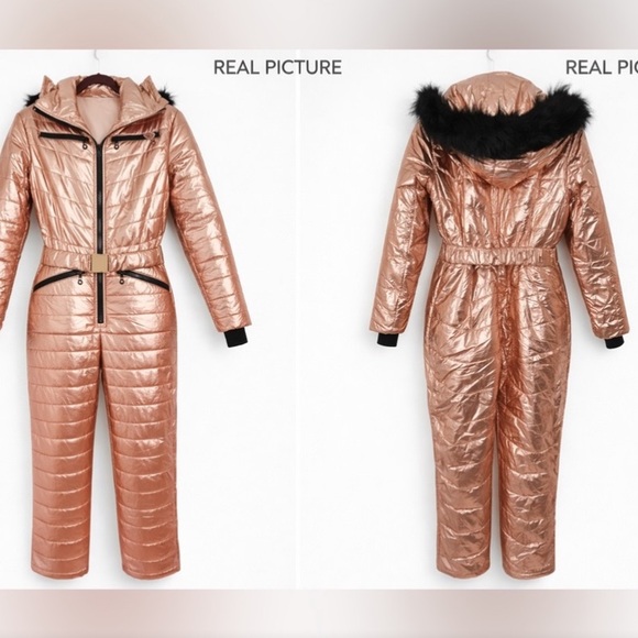 Women’s Rose Gold Quilted Snow Suit ski with Faux Fur Hood & Belt S / M - Picture 3 of 7